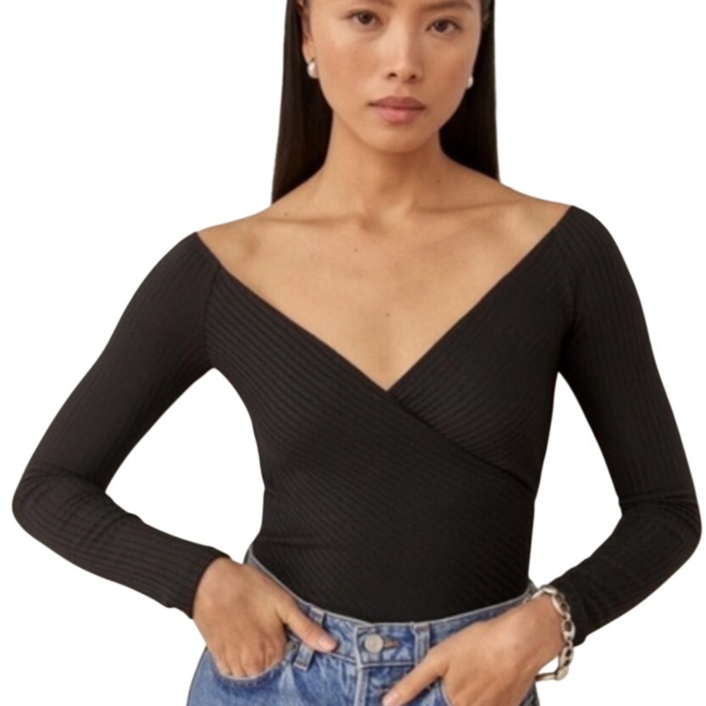 Reformation Minnie Black Ribbed Surplice Wrap Long Sleeve V-Neck Top XS